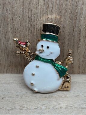 Gold-Tone Snowman Brooch with Green Enamel Scarf and Hat Band